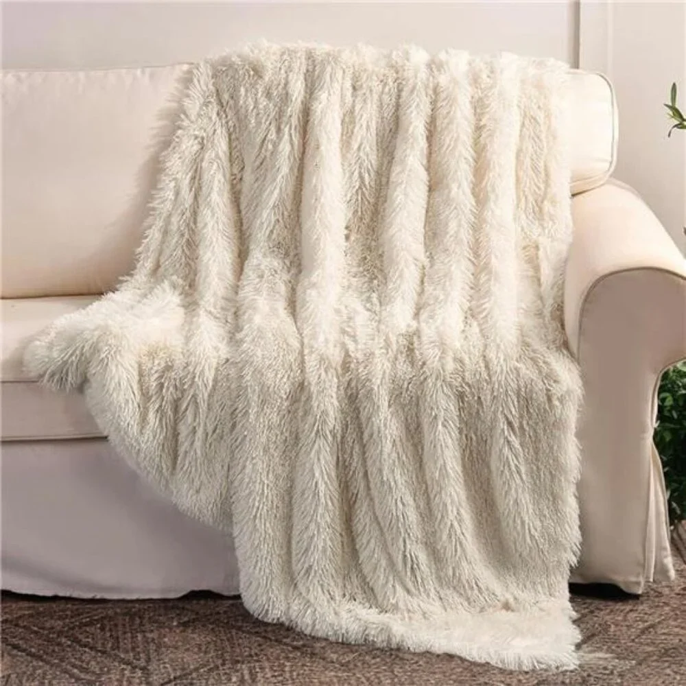 NEW West Elm Boho Beige Faux Fur Fuzzy Plush Throw Blanket Bedding - 50